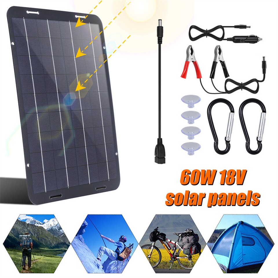 60W Solar Panel 12V Trickle Charger Battery Charger Kit Maintainer Boat ...