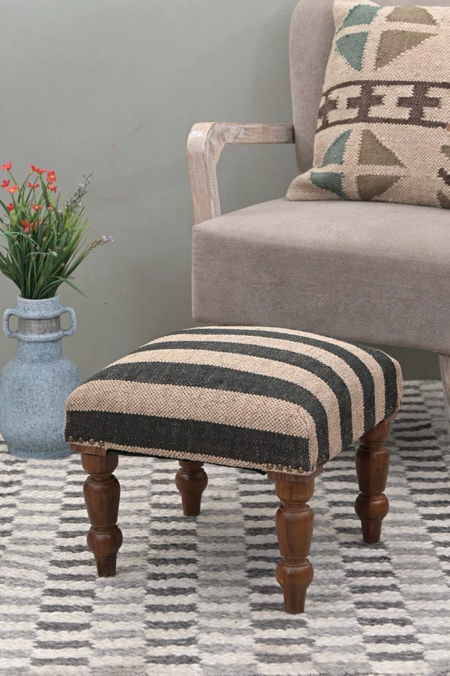 Handcrafted Acacia Wood Stool | Decorative Kilim Upholstered Pouf Footstool - Image 4 of 4