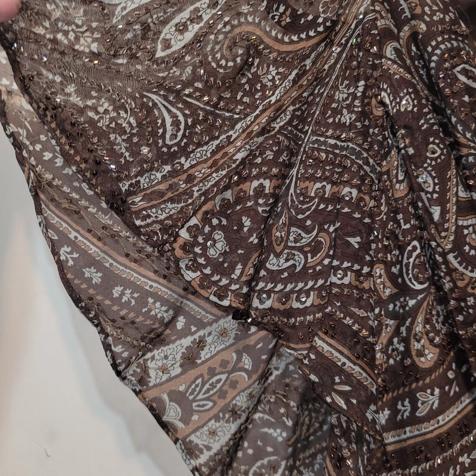 Blusa para mujer Carmen Marc Valvo con cuentas de seda 10 marrón azul drapeado cuello forrado Foto 4 de 4