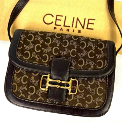 CELINE Horsebit Carriage Shoulder Bag Brown Canvas Rare Authentic Vintage Used