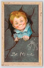 Valentine Postcard Winsch Back, Little Boy Busting Thru Slate Chalkboard-Be Mine