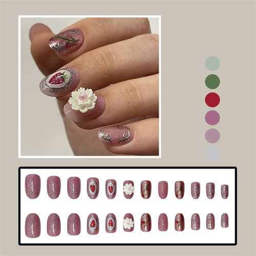 Manicure viola 24 pezzi unghie finte ovali corte press-on romantica floreale scintillante