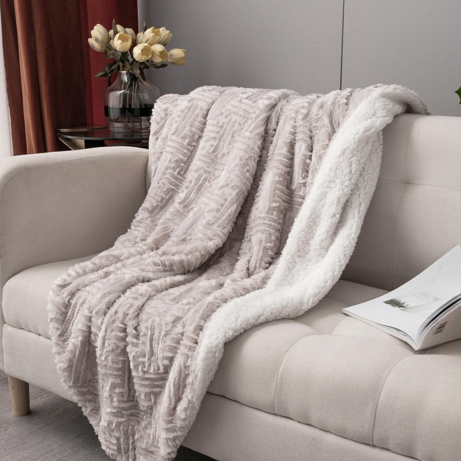 DaDa Bedding Faux Fur Throw Blanket - Farmhouse Lavender Grey, Geometric Embo...