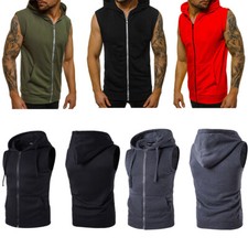 Men's Hoodie Casual Sleeveless Gym Fitness Workout Zipper Pockets Sweatshirt