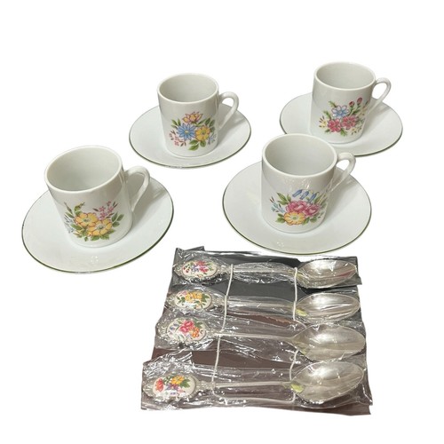 Set/4 Demitasse Cup Saucer Spoon Set Floral Design Ceramic Stainless Steel Japan - Picture 3 of 18