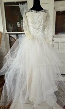 Vintage 50's Tulle Lace Tiered Cupcake Wedding Dress Beading Sequins Sz Small