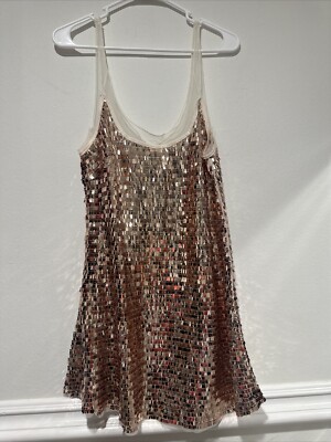 free people sequin mesh dress Free People Disco Love Sequin Fringe Beaded Mini Dress Slip Gold Sequin  Mesh S