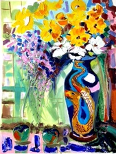 ORIGINAL Oil Painting Floral Oriental Art Japan Vase Flower Painting Dragon Art