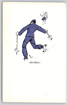 Sports~Ski Heil~Man Skiing W/ Person In Distance On White Background~Vintage PC