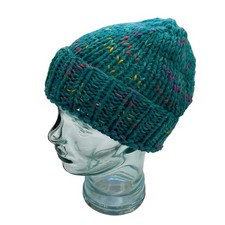 Teal Blue Multicolor Hand Knit Chunky Knit Cuffed Beanie / Hat, OS