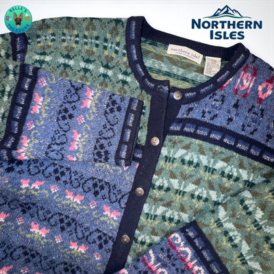 #ad Northern Isles Small Wool Cardigan Fair Isle Print Button Up Green Blue Sweater $89.95