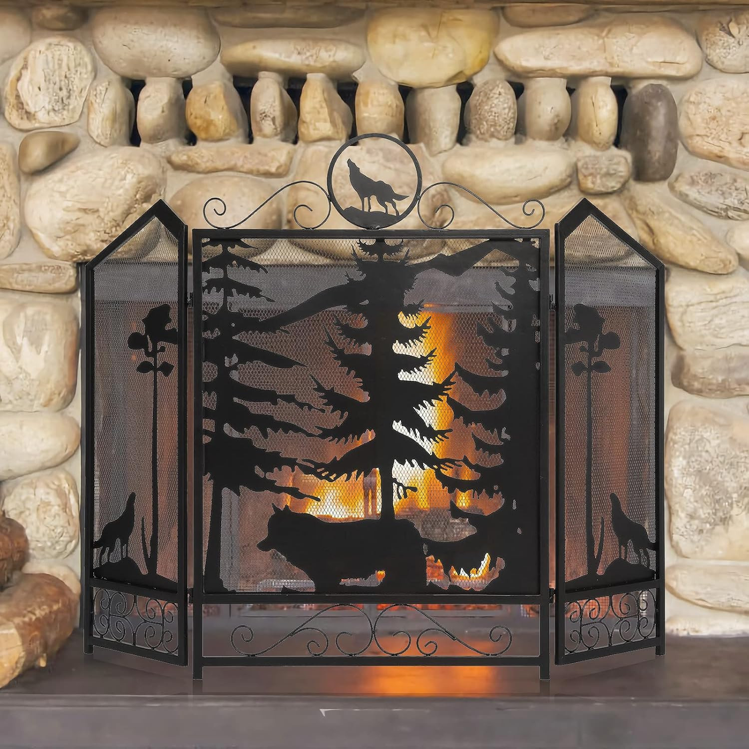 Fireplace Screens Decorative, 44&rdquo; (L) X 34&rdquo;(H) 3-Panel Folding Fireplace Screen 