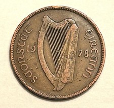1928,  1 Penny Ireland Eire Irish Harp Coin. Irish Free State. Combined Shipping