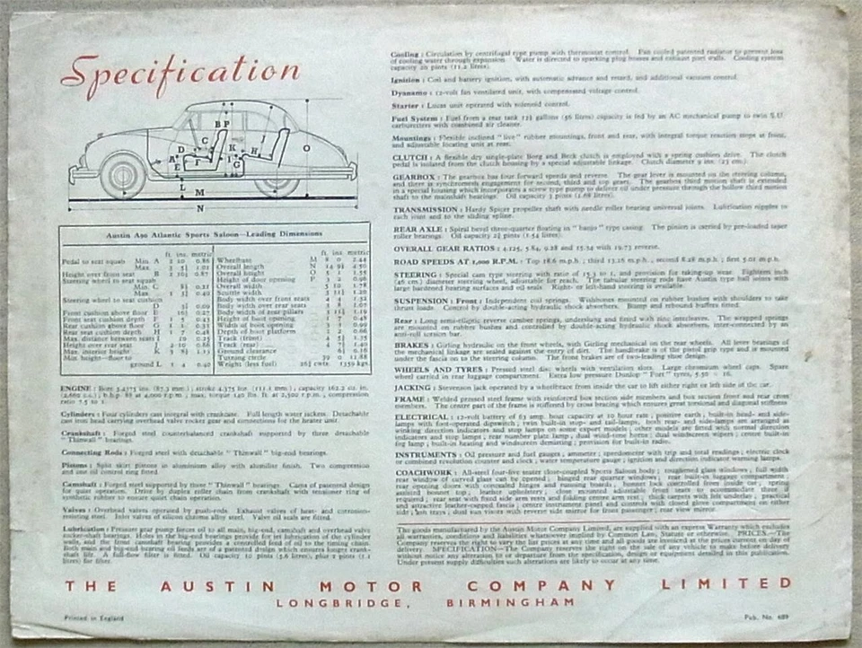 AUSTIN A90 ATLANTIC SPORTS SALOON Car Sales Brochure c1950 #689 - Image 3 of 3