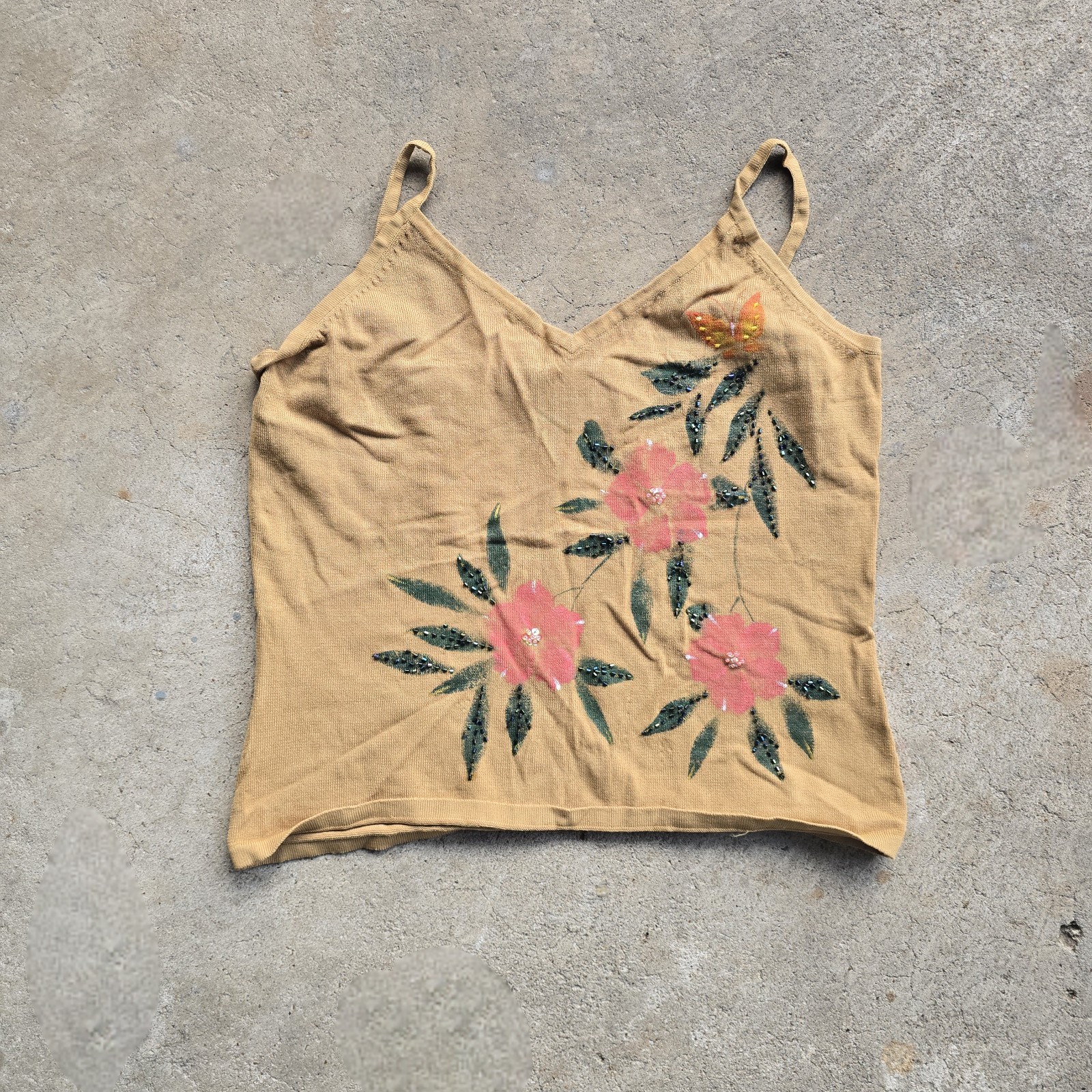 Vintage 90s Y2k Floral Beaded Flower Knit Neck Fairy Tank Small