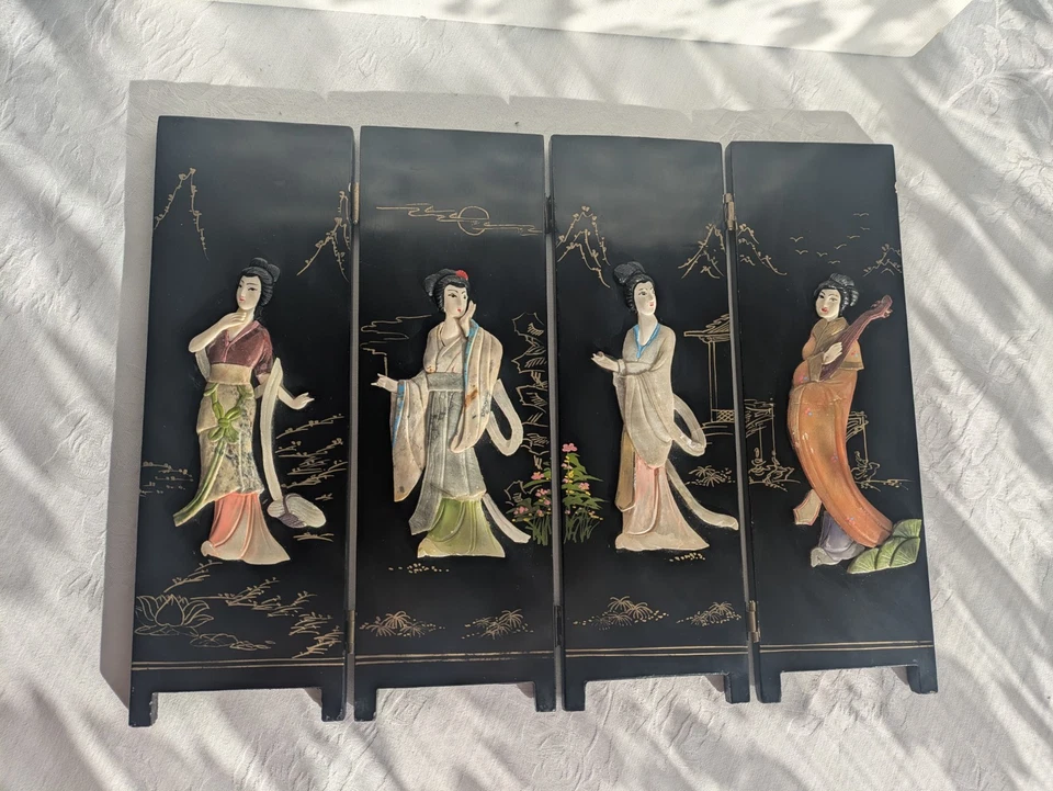 Black Lacquer Carved Soapstone and Hand Painted 4-Panel Table Top Folded Screen - Image 2 of 4