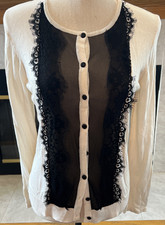 August Silk S Ivory Cardigan Sweater Black Lace Trim Cotton Modal Long Slvs