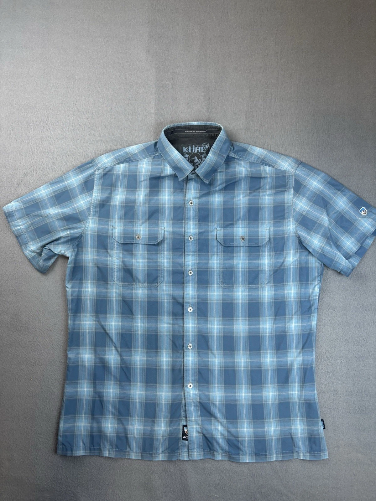 KUHL Mens Eluxur Button Shirt-XL Blue Plaid Hiking Performance Short Sleeve