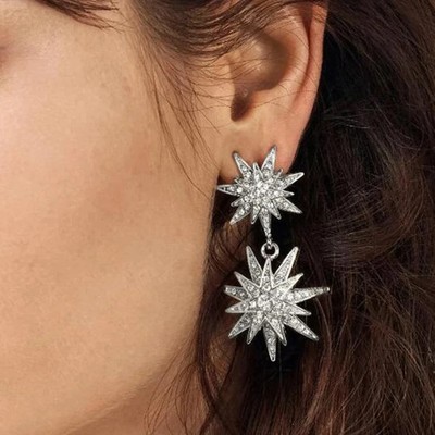 Starburst Earring Drop Dangle In 14K White Gold Over with Diamond For Women's