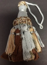 4&1/2" Teal Brown Tan Tied Key Tassel Fabric Trim Lot Of 2