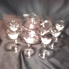 VINTAGE SILVER RIM GLASS PITCHER AND 6 CORDIAL TAPERED STEM GLASSES SET