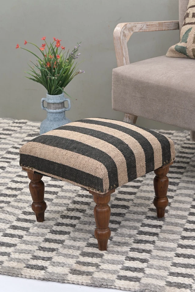 Handcrafted Acacia Wood Stool | Decorative Kilim Upholstered Pouf Footstool - Image 2 of 4
