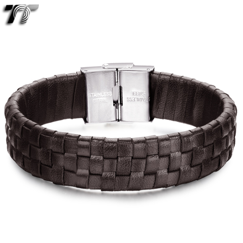 TT THICK Genuine Leather 316L Stainless Steel Bracelet Wristband (BR161) NEW - Picture 3 of 3