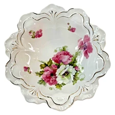 Vintage Serving Bowl White Porcelain Embossed Scalloped Edge Floral Art Deco