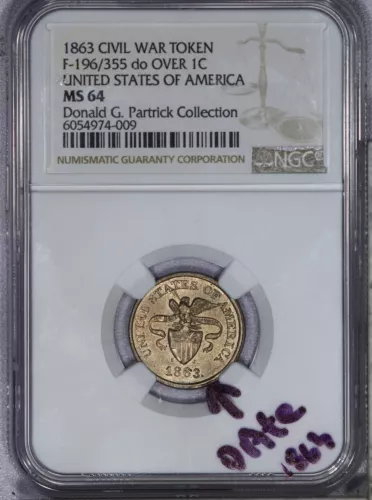 1863 Civil War Token CWT F-196/355 Struck over 1863 1c NGC MS64 Partrick LB