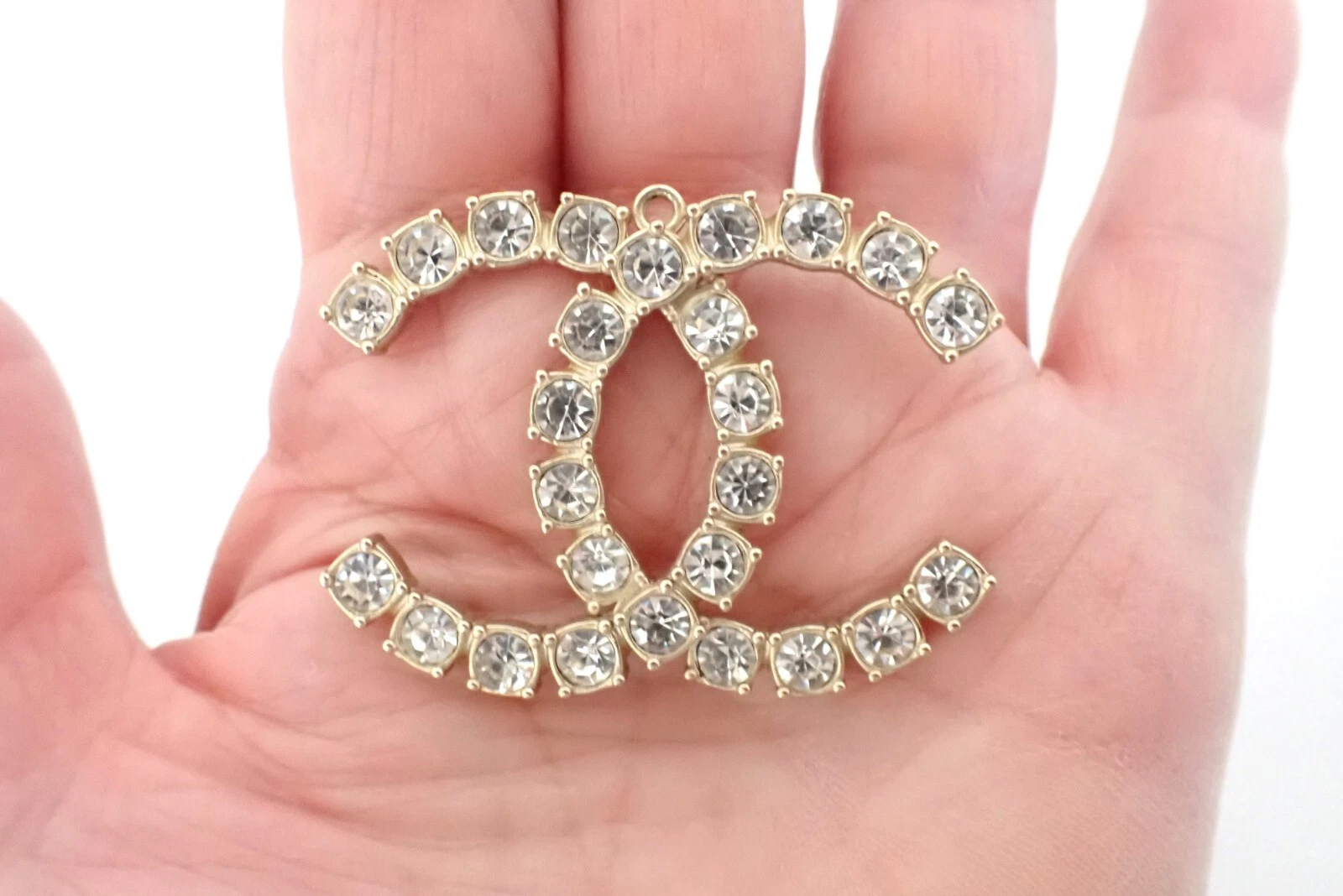 Auth. Large Vintage CC Chanel Logo Pendant G Tone Clear Rhinestones No Chain