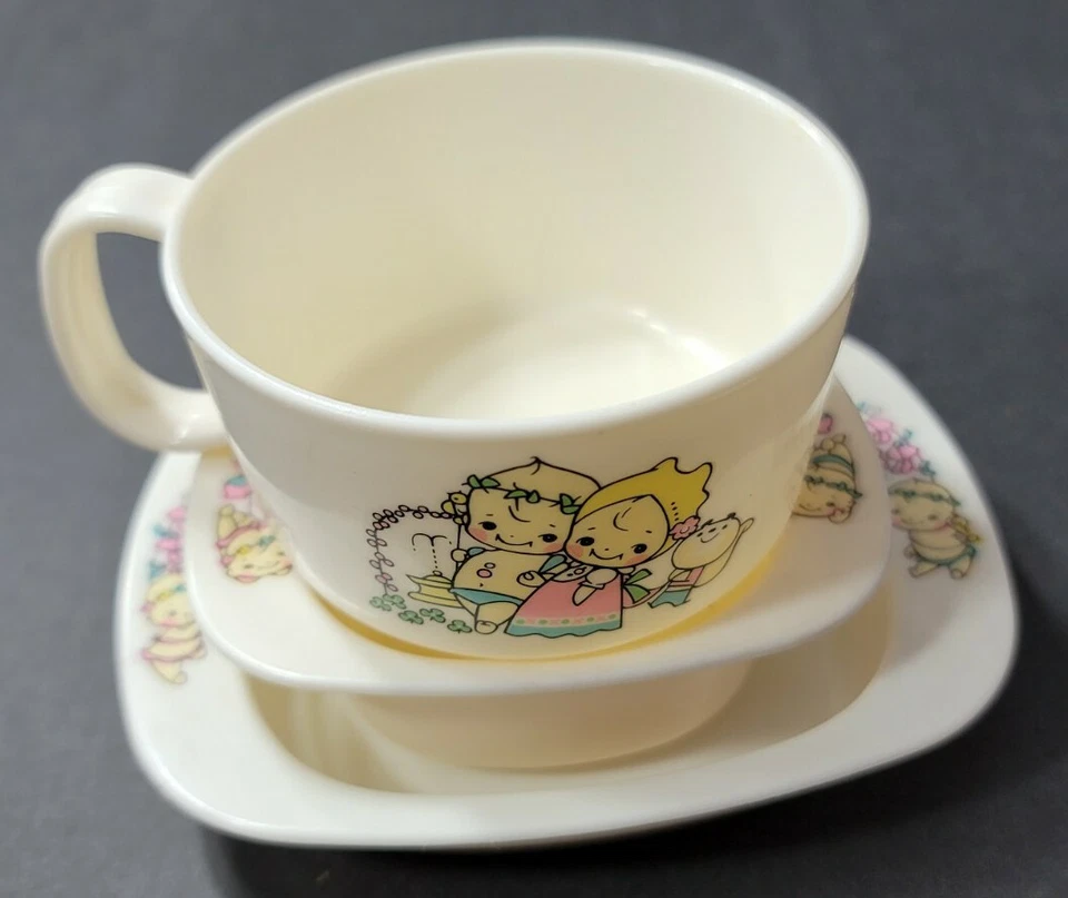 JUEGO DE PLATOS COMBINADOS PARA BEBÉS PLATO DE TAZÓN Y TAZA TAZA SONRIENTE FLORES PARA BEBÉS BLANCO ROTO JAPÓN Foto 2 de 4