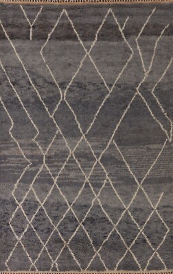 Wool Plush Trellis Moroccan Area Rug 8x11 Handmade Gray/ Ivory Carpet