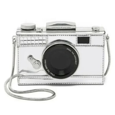 KATE SPADE ''STEAL THE SPOTLIGHT'' SILVER CAMERA CROSSBODY CLUTCH 
