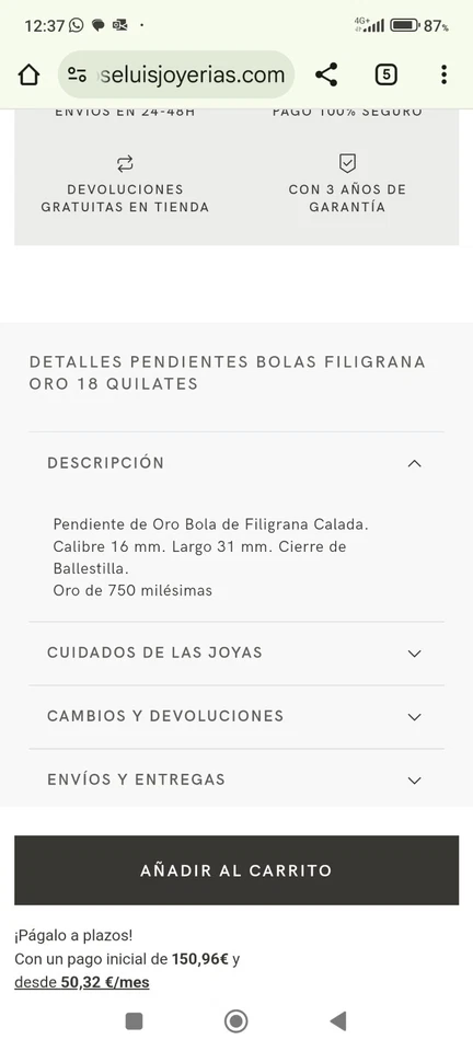 Pendientes Colgante De Bola De Filigrana Calada Oro 18k  - Imagen 3 de 3