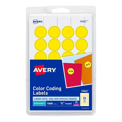 Avery Printable Removable Color-Coding Labels 3/4'' dia Yellow 1008/Pack 05462