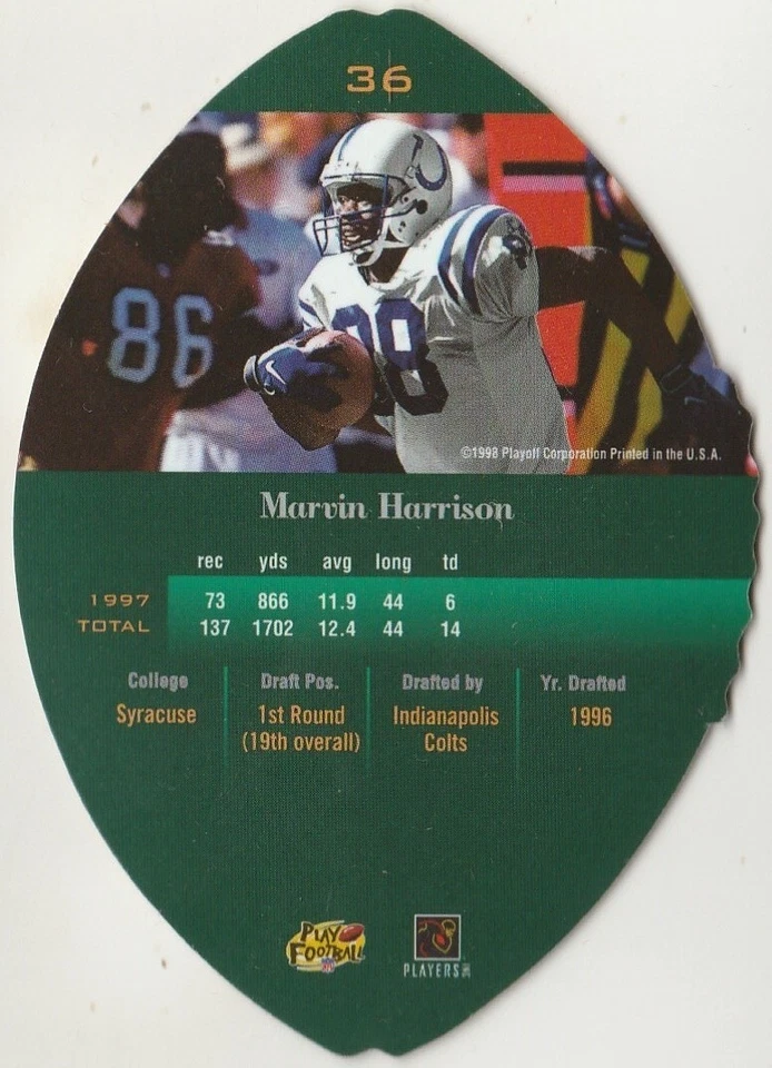 1998 Playoff Contenders Leather #36 Marvin Harrison - Image 2 of 3