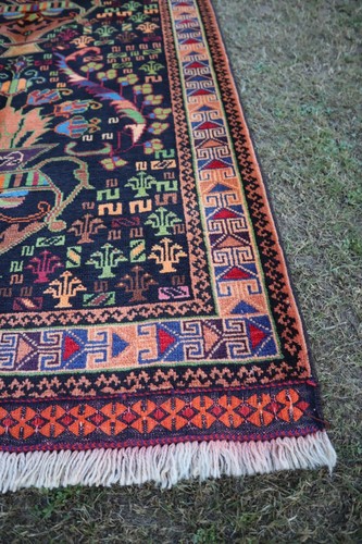 Black Beige Flower Pot Design Rug, Afghan Handmade Wool Rug, Organic Dyes Rug - Picture 6 of 14