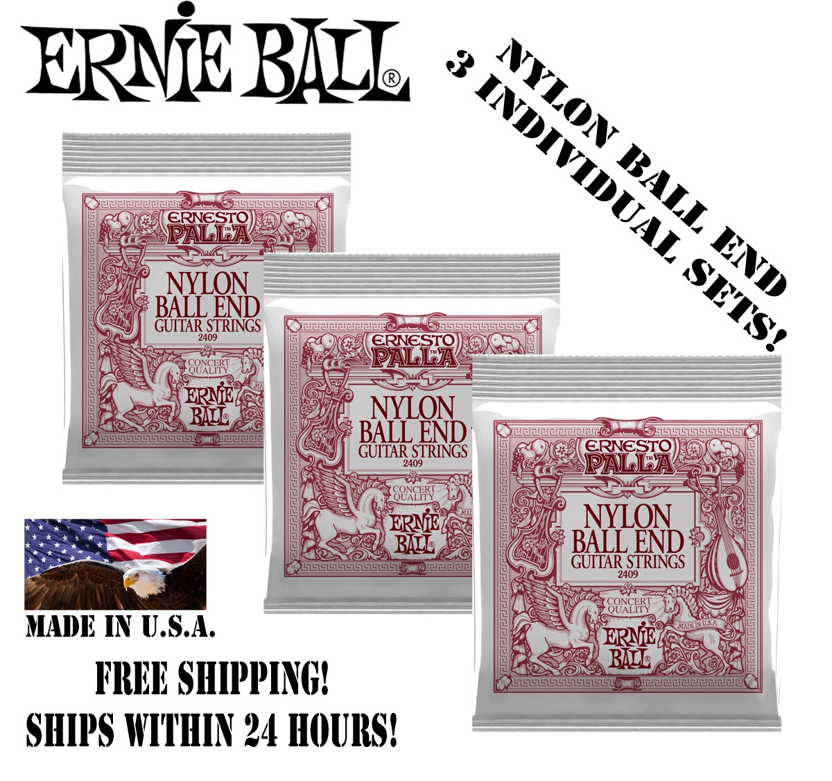Ernie ball ernesto palla nylon black clearance and gold classical ball end set