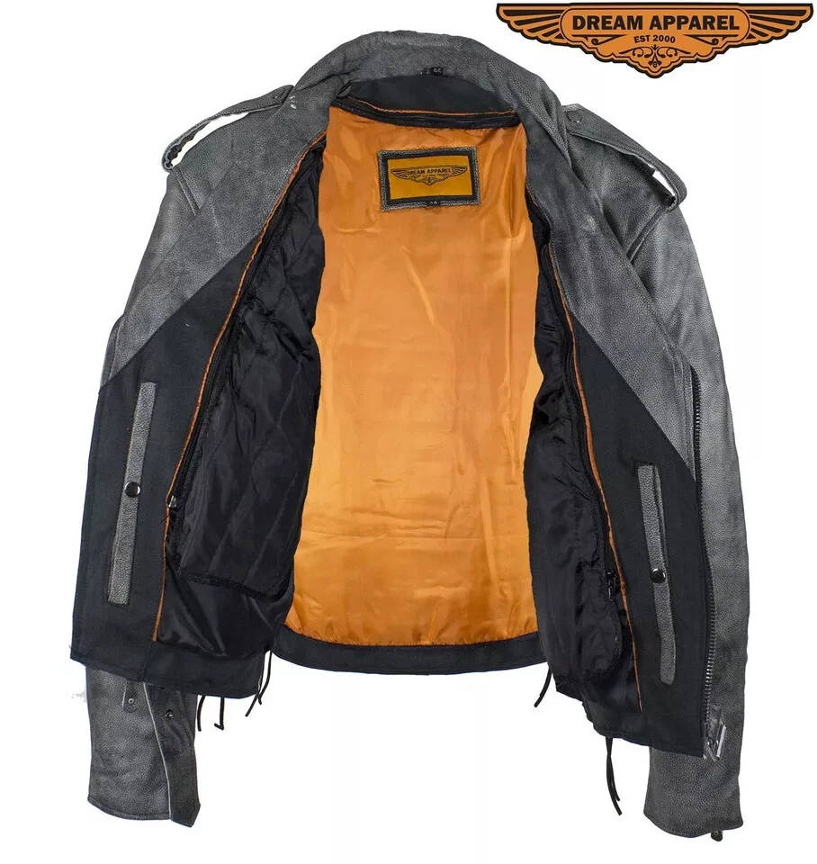 Chaqueta de cuero gris envejecido para hombre motociclista corredor bolsillos ocultos Foto 4 de 4