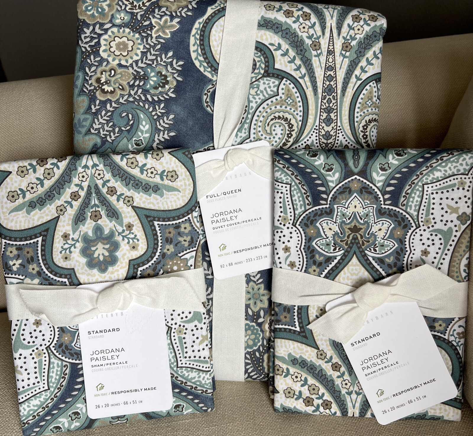 Pottery Barn Jordana Paisley Percale F/ QUEEN Duvet & 2 STANDARD Shams