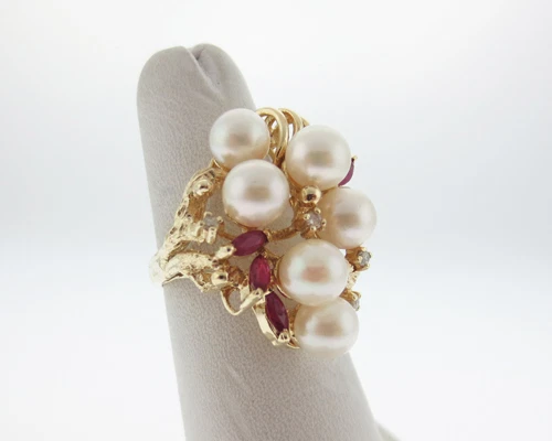 Cultured Pearls Diamonds Rubies Solid 14k Yellow Gold Cluster Cocktail Ring   - Image 2 of 4