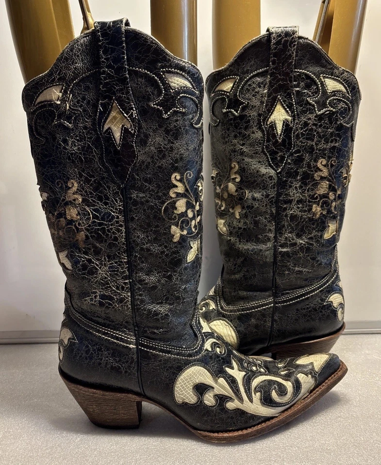 Botas vaqueras Corral vintage con incrustación de lagarto hueso punta puntiaguda C2116 para mujer talla 8,5 M Foto 4 de 4