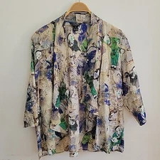 Citron Santa Monica Open Front Kimono 0X 3/4 Sleeve Draped Asian Print Lagenlook