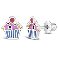 925 Sterling Silver Colorful Enamel Cupcake Screw Back Earrings for Young Girls