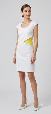 Piazza Sempione Color Block Overlay White Yellow Cotton Sheath Dress IT 40 US 4