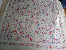 Antique Embroidered SILK PIANO SHAWL Chinese Birds Flowers Bees Stunning 73 x 71