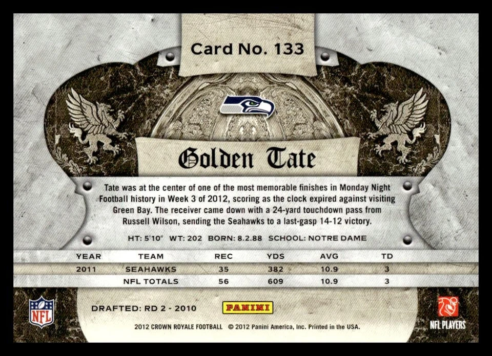 2012 Panini Crown Royale Retail #133 Golden Tate Seattle Seahawks - Image 2 of 2
