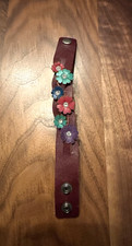 Leather Flower Cuff Bracelet Brown Multi-Color Rivet Floral 7.5  8.5  Boho