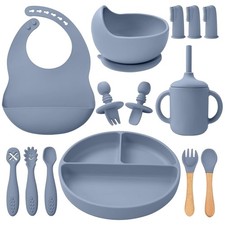 Baby Feeding Set with Suction Bowl  Spoons - Blue Gray