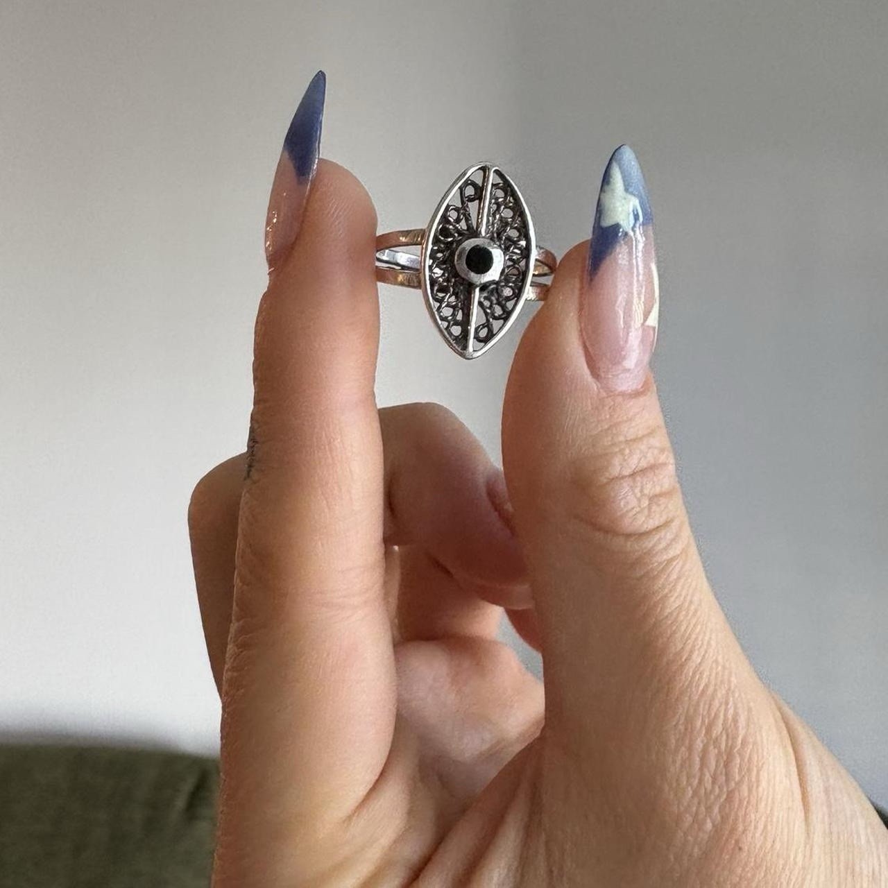 Silver Evil Eye Statement Ring with Black Center,… - image 1